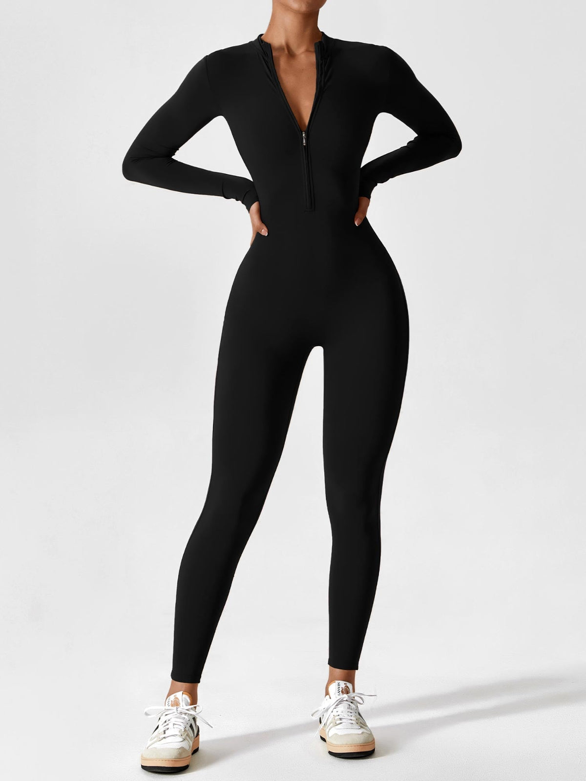 Long Sleeve Zip-Front Stretch One-Piece Sculpting Activewear Jumpsuit