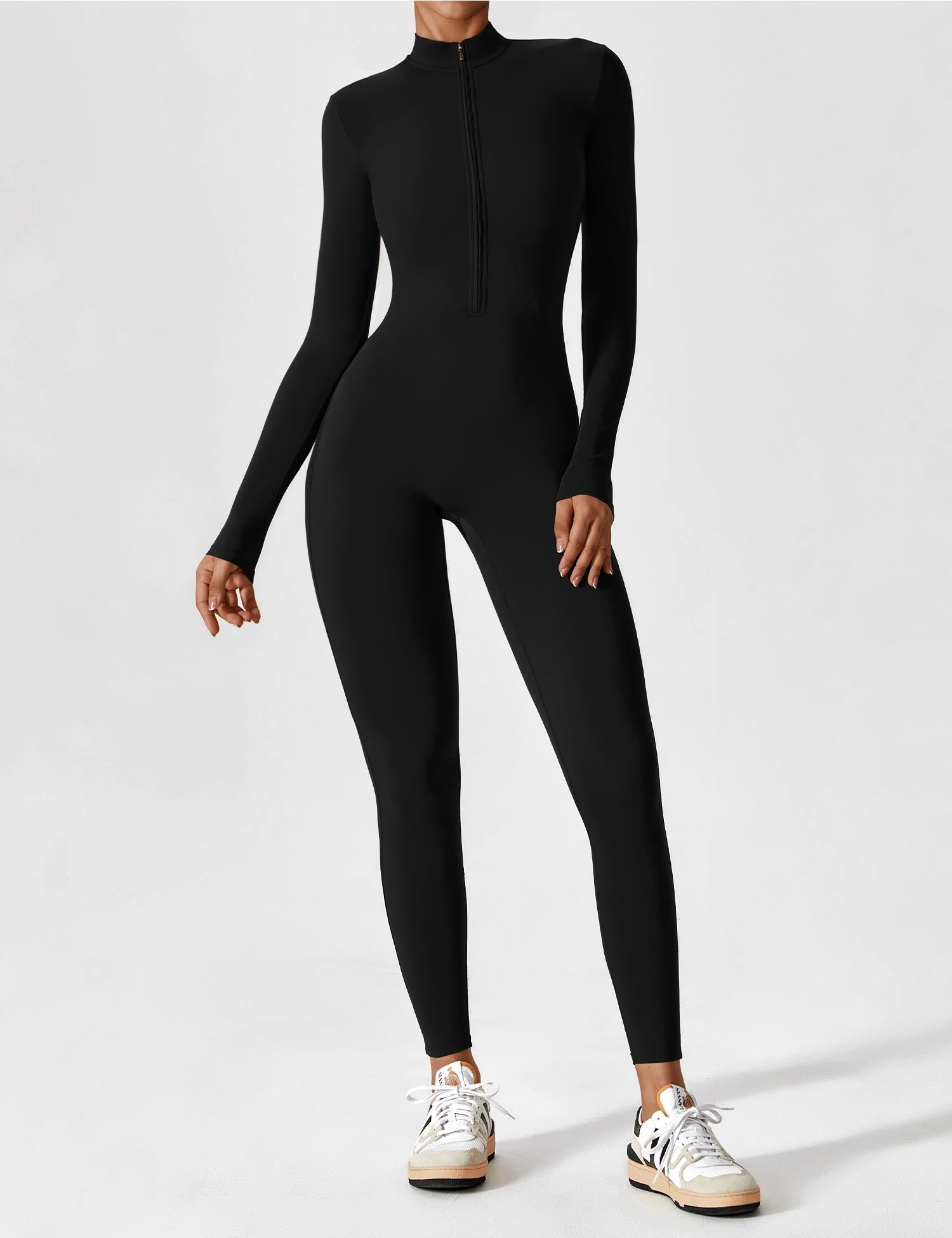 Long Sleeve Zip-Front Stretch One-Piece Sculpting Activewear Jumpsuit