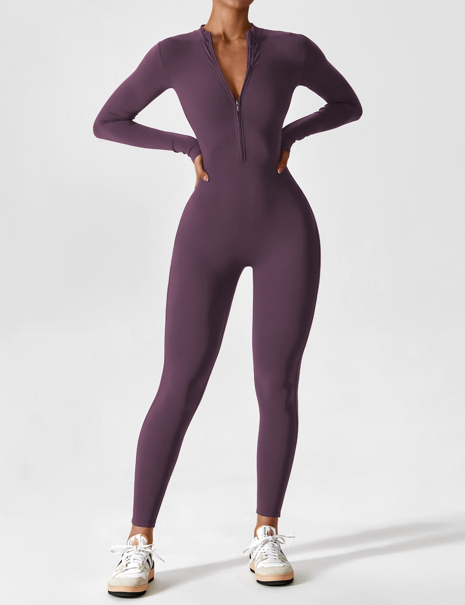 Long Sleeve Zip-Front Stretch One-Piece Sculpting Activewear Jumpsuit