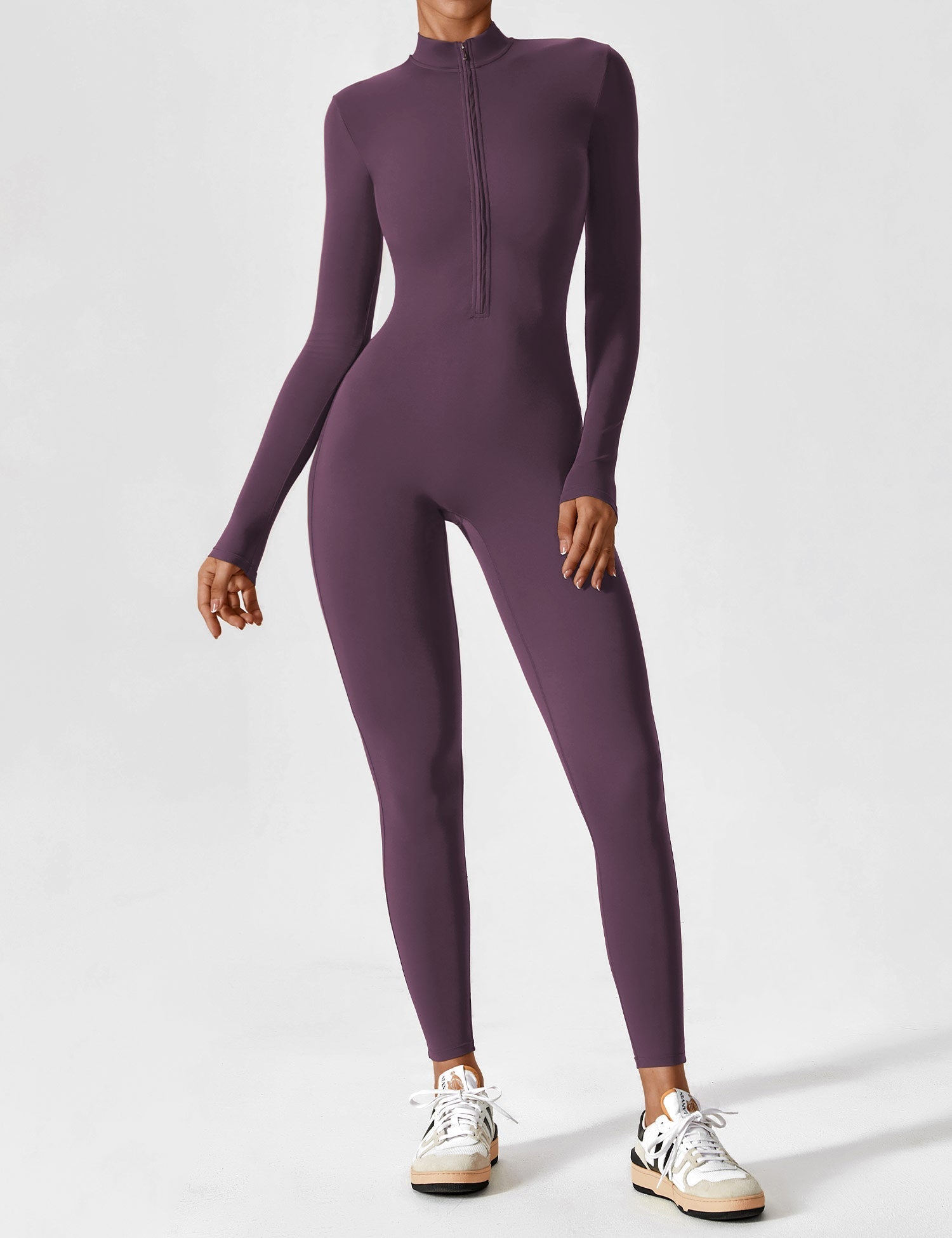 Long Sleeve Zip-Front Stretch One-Piece Sculpting Activewear Jumpsuit