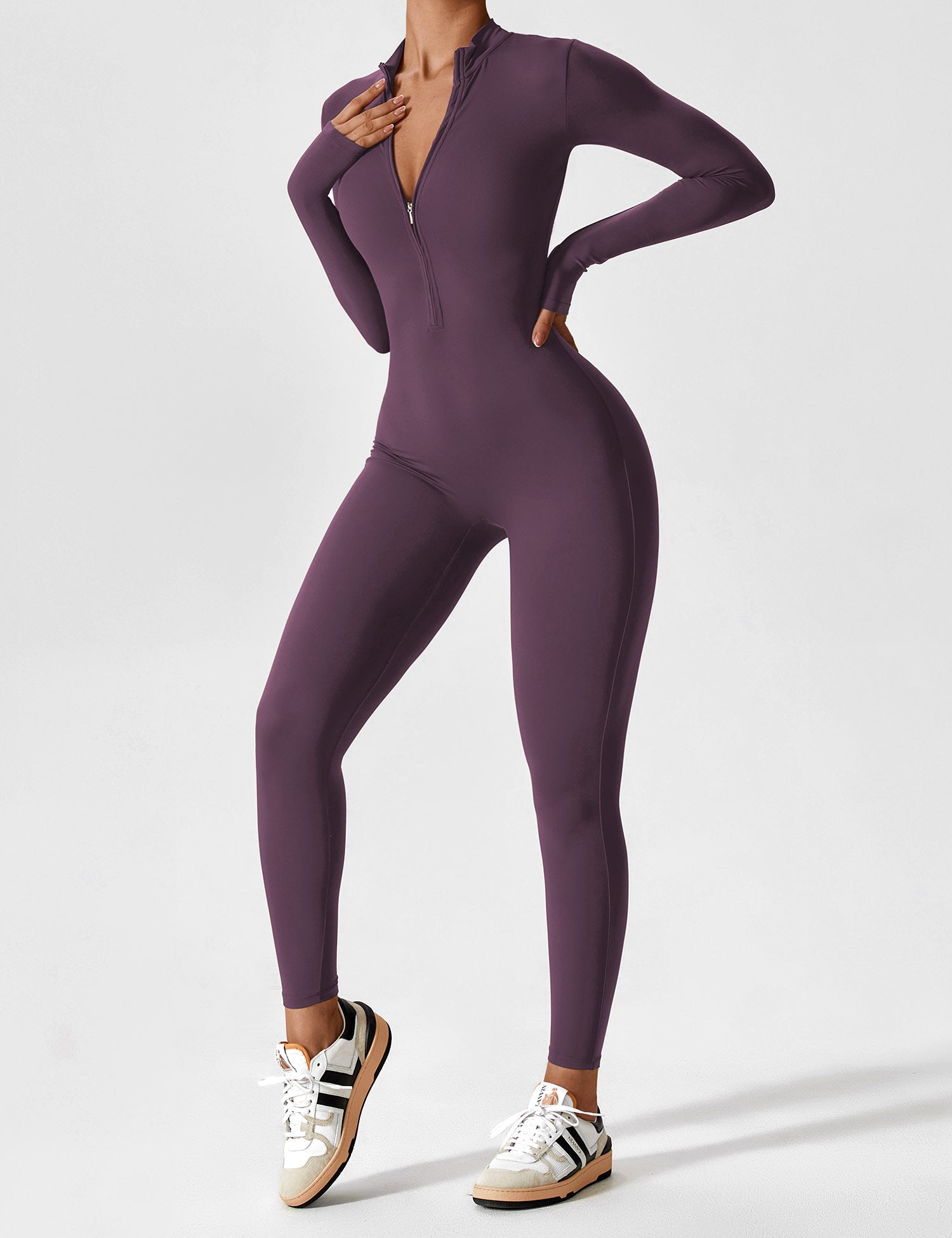 Long Sleeve Zip-Front Stretch One-Piece Sculpting Activewear Jumpsuit