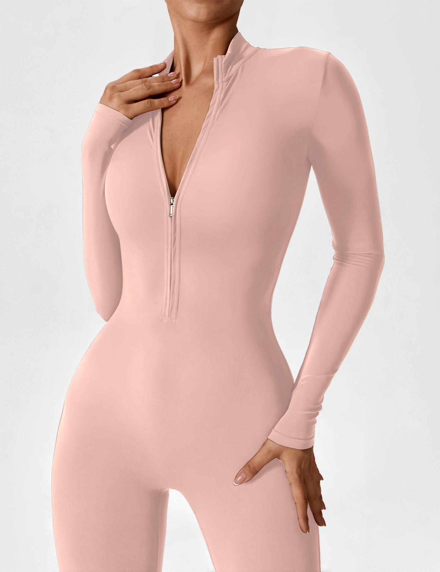 Long Sleeve Zip-Front Stretch One-Piece Sculpting Activewear Jumpsuit