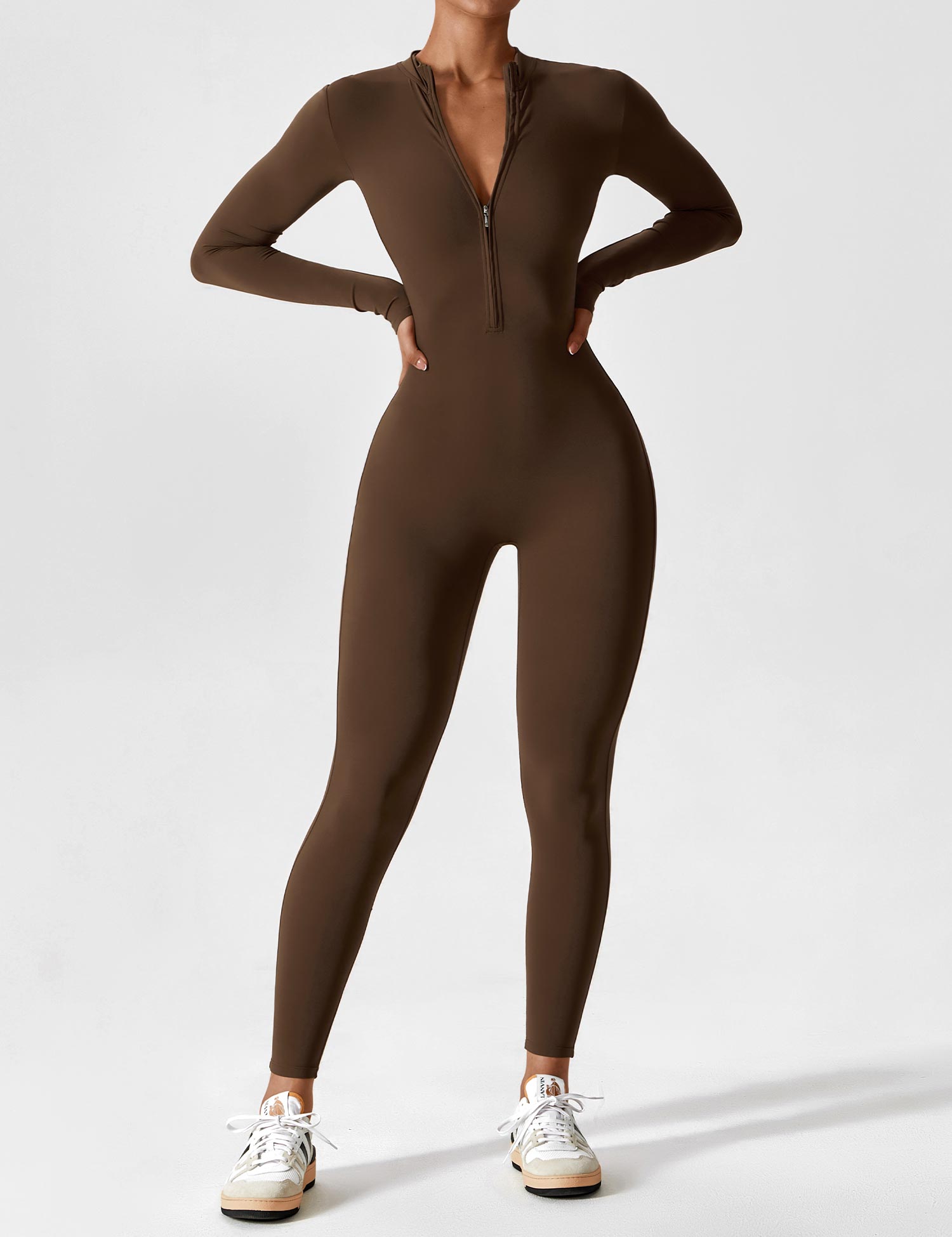 Long Sleeve Zip-Front Stretch One-Piece Sculpting Activewear Jumpsuit