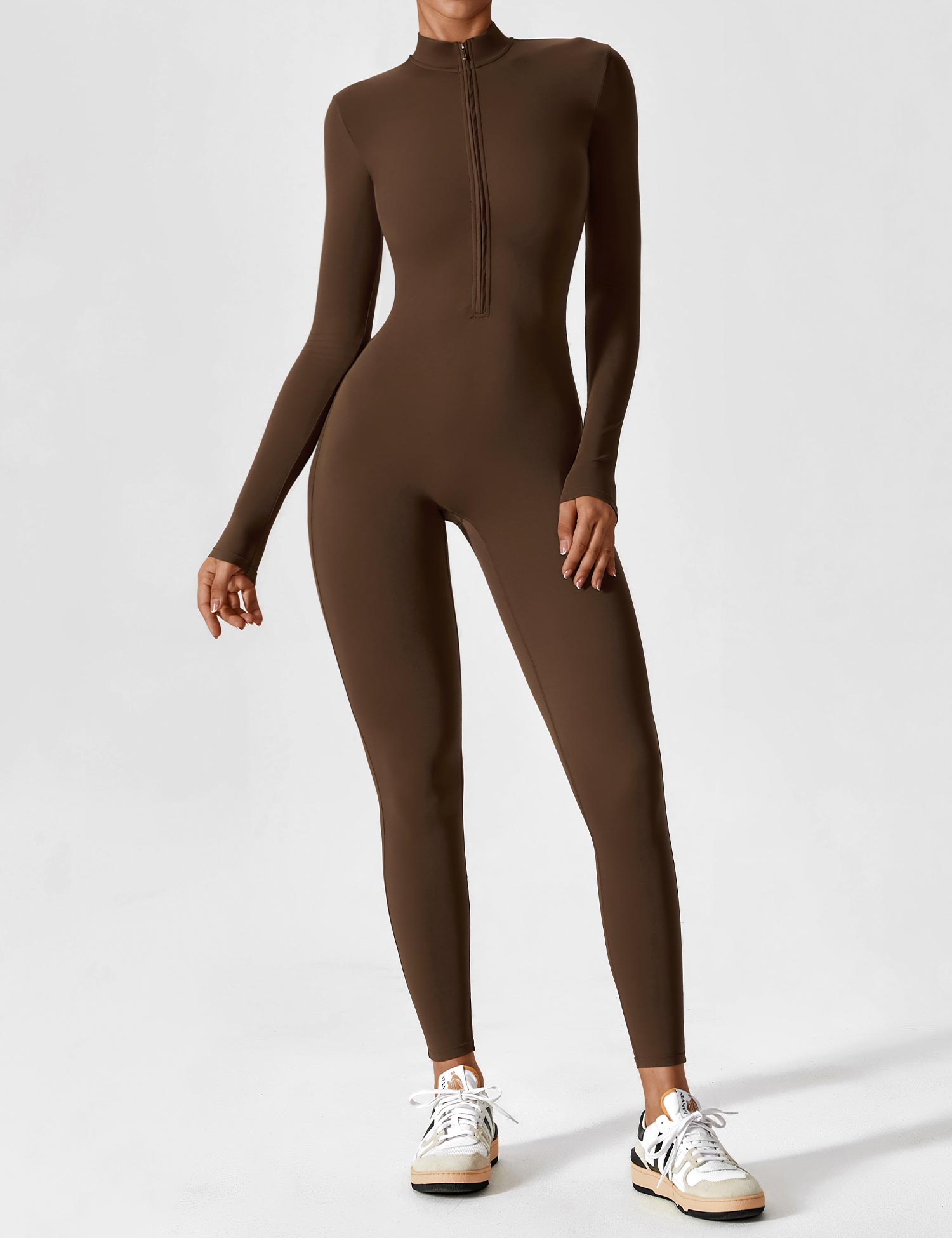 Long Sleeve Zip-Front Stretch One-Piece Sculpting Activewear Jumpsuit