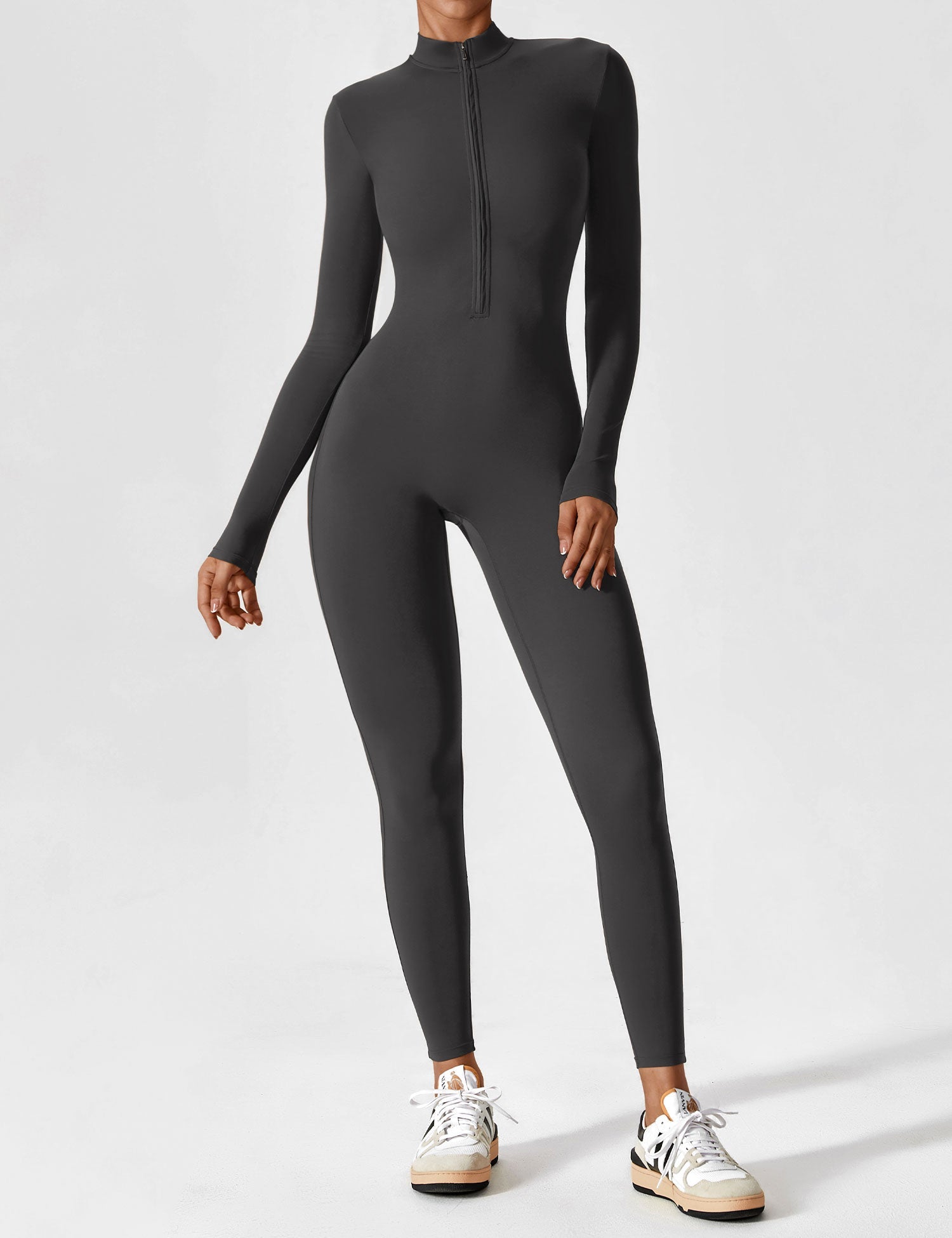 Long Sleeve Zip-Front Stretch One-Piece Sculpting Activewear Jumpsuit