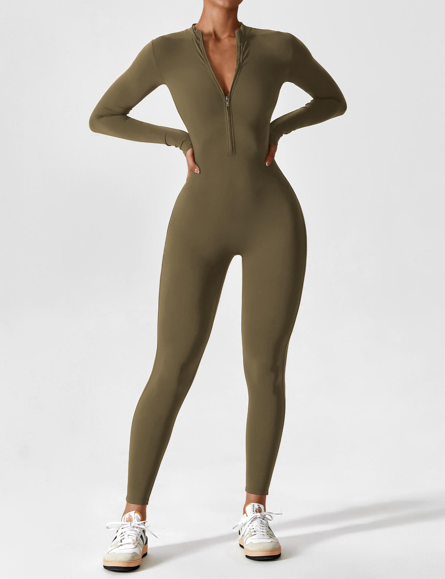 Long Sleeve Zip-Front Stretch One-Piece Sculpting Activewear Jumpsuit