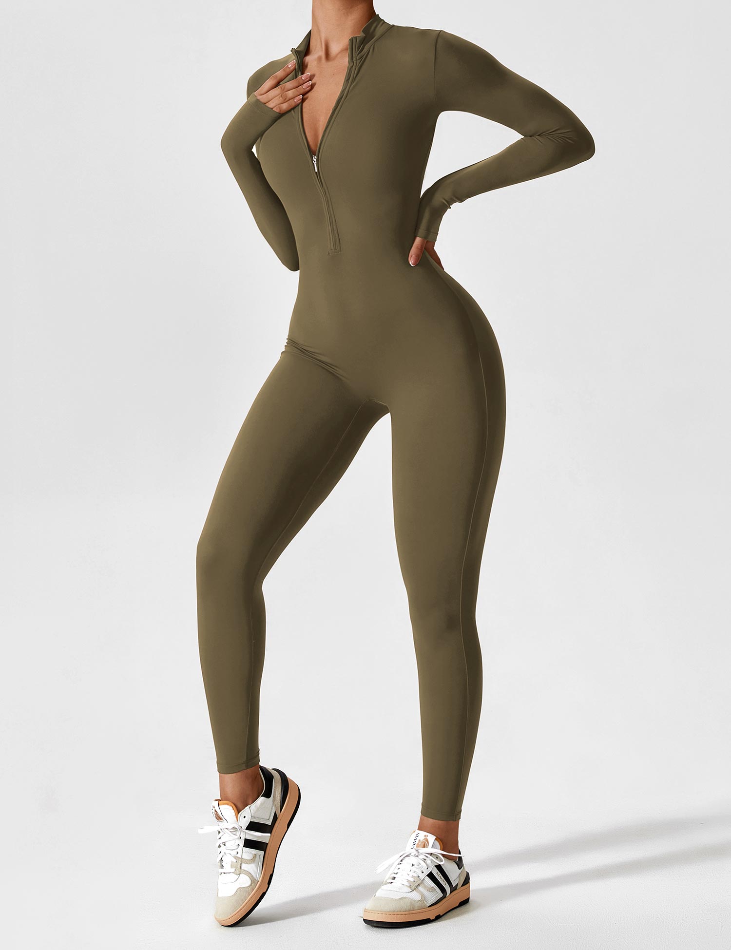 Long Sleeve Zip-Front Stretch One-Piece Sculpting Activewear Jumpsuit