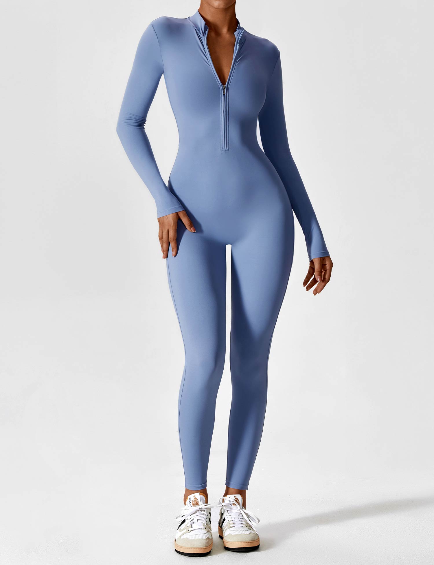 Long Sleeve Zip-Front Stretch One-Piece Sculpting Activewear Jumpsuit