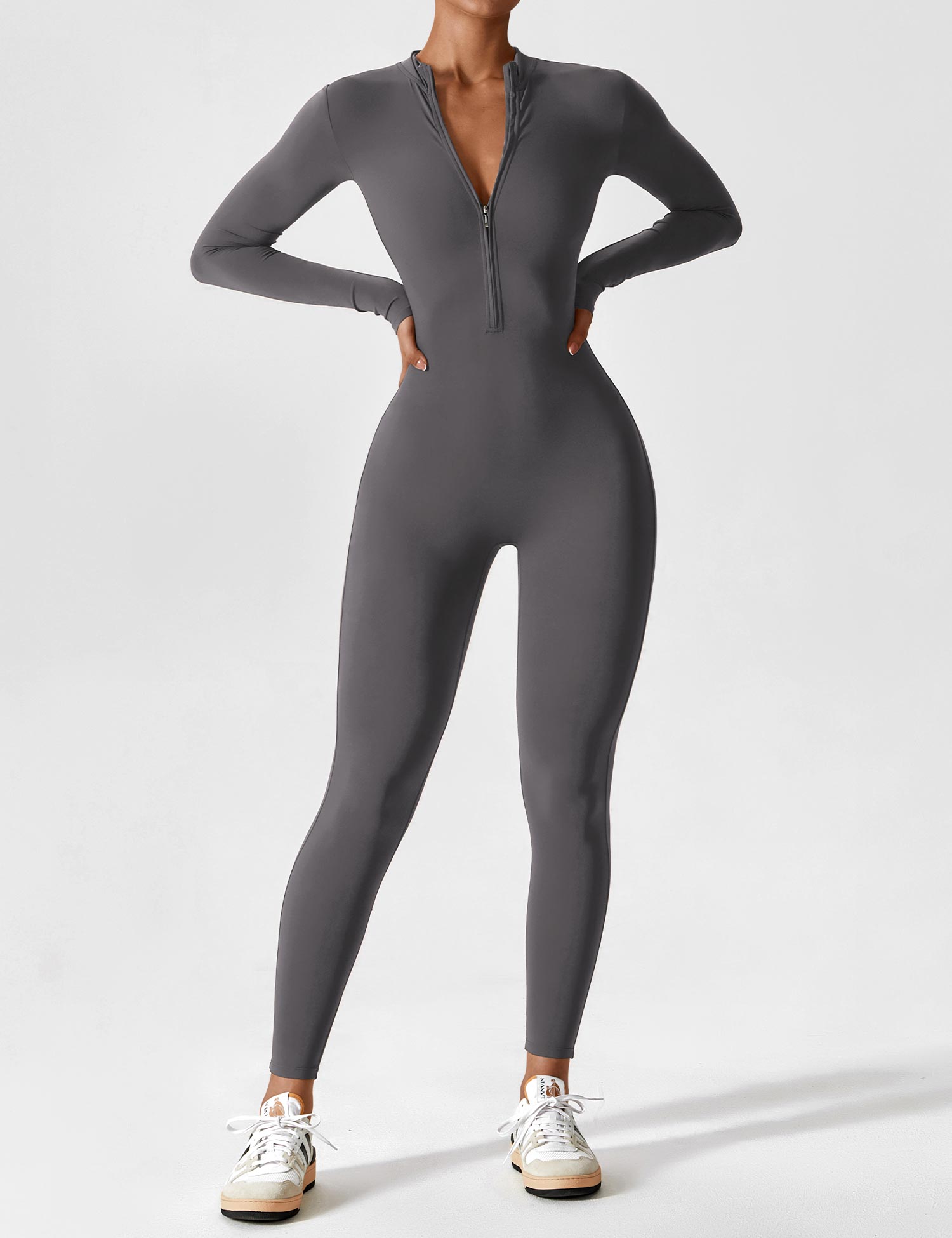 Long Sleeve Zip-Front Stretch One-Piece Sculpting Activewear Jumpsuit