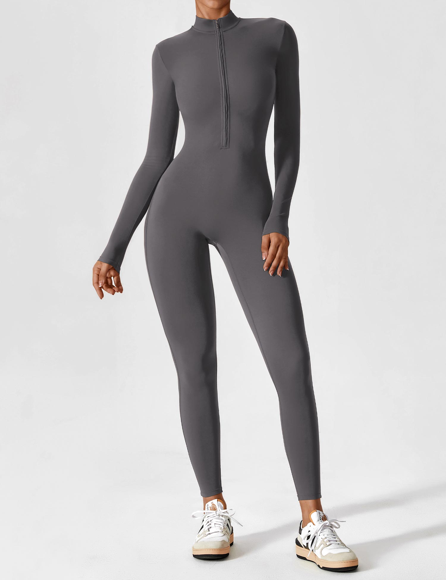 Long Sleeve Zip-Front Stretch One-Piece Sculpting Activewear Jumpsuit