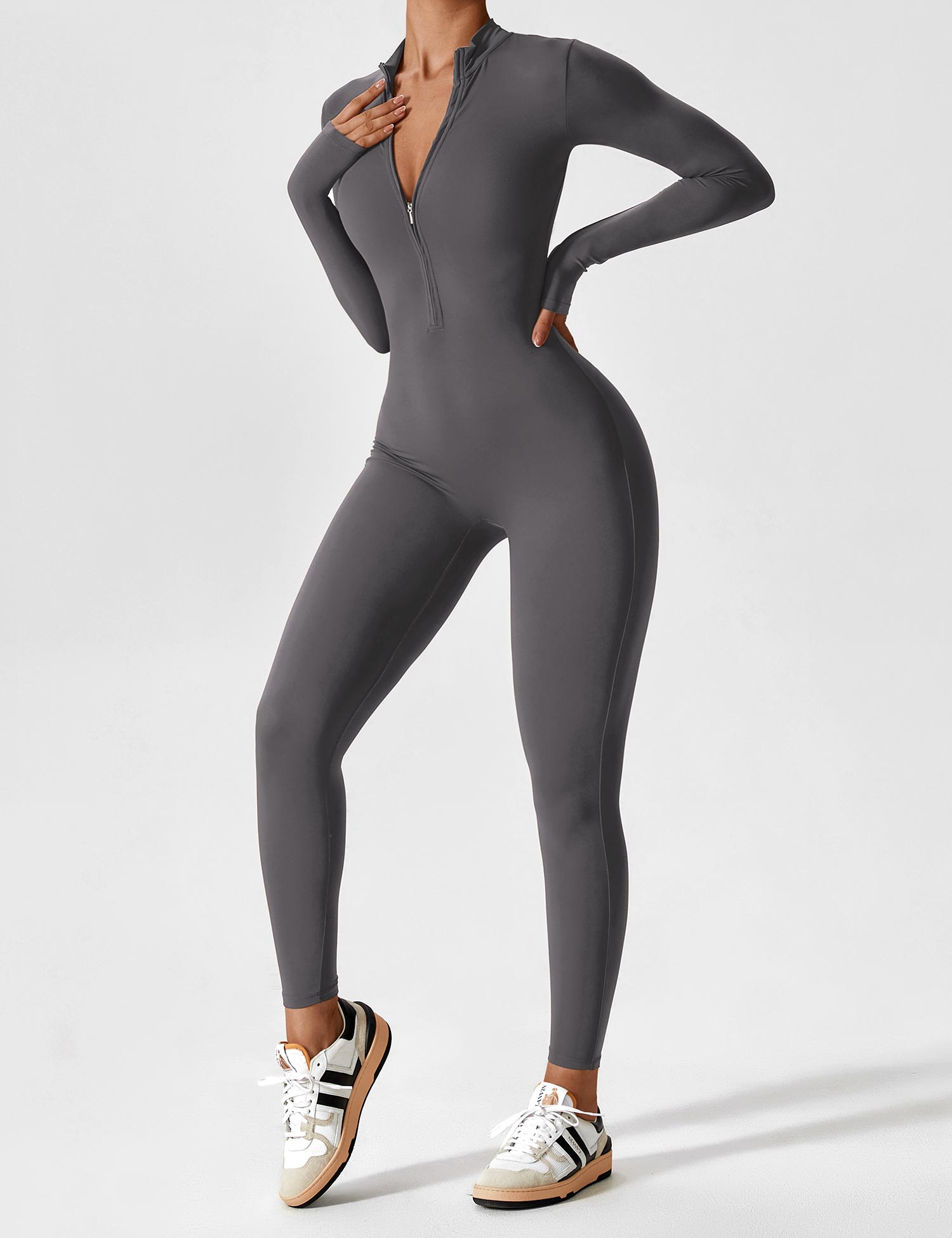 Long Sleeve Zip-Front Stretch One-Piece Sculpting Activewear Jumpsuit