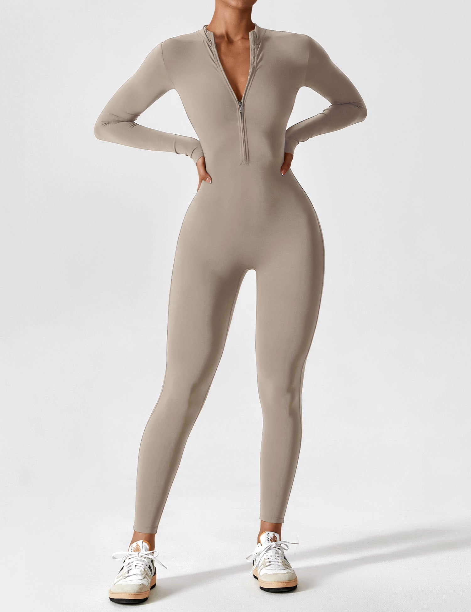 Long Sleeve Zip-Front Stretch One-Piece Sculpting Activewear Jumpsuit