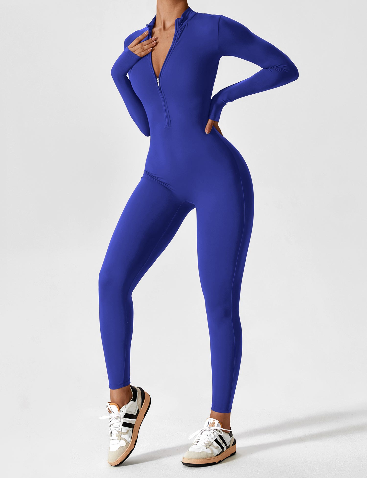 Long Sleeve Zip-Front Stretch One-Piece Sculpting Activewear Jumpsuit