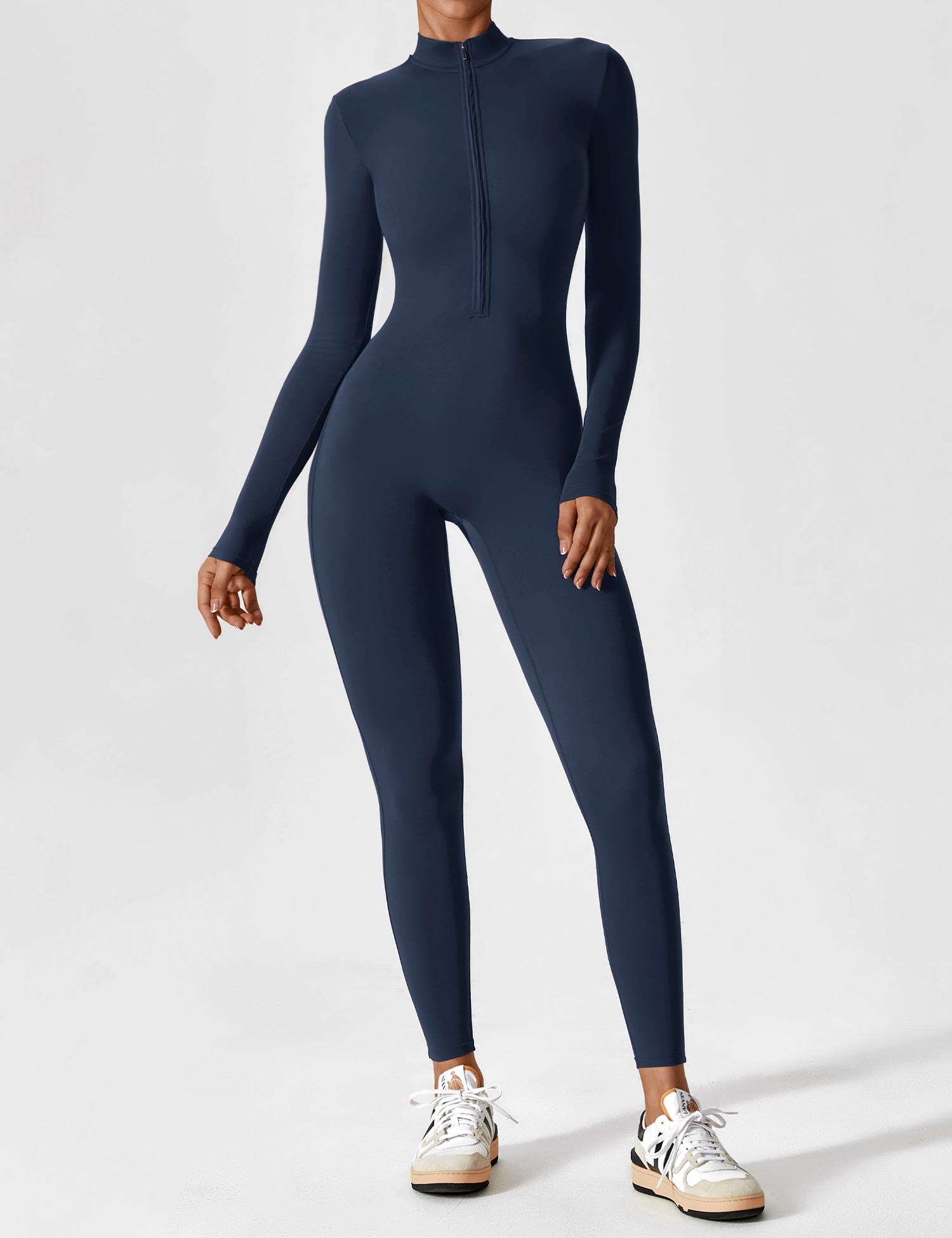 Long Sleeve Zip-Front Stretch One-Piece Sculpting Activewear Jumpsuit
