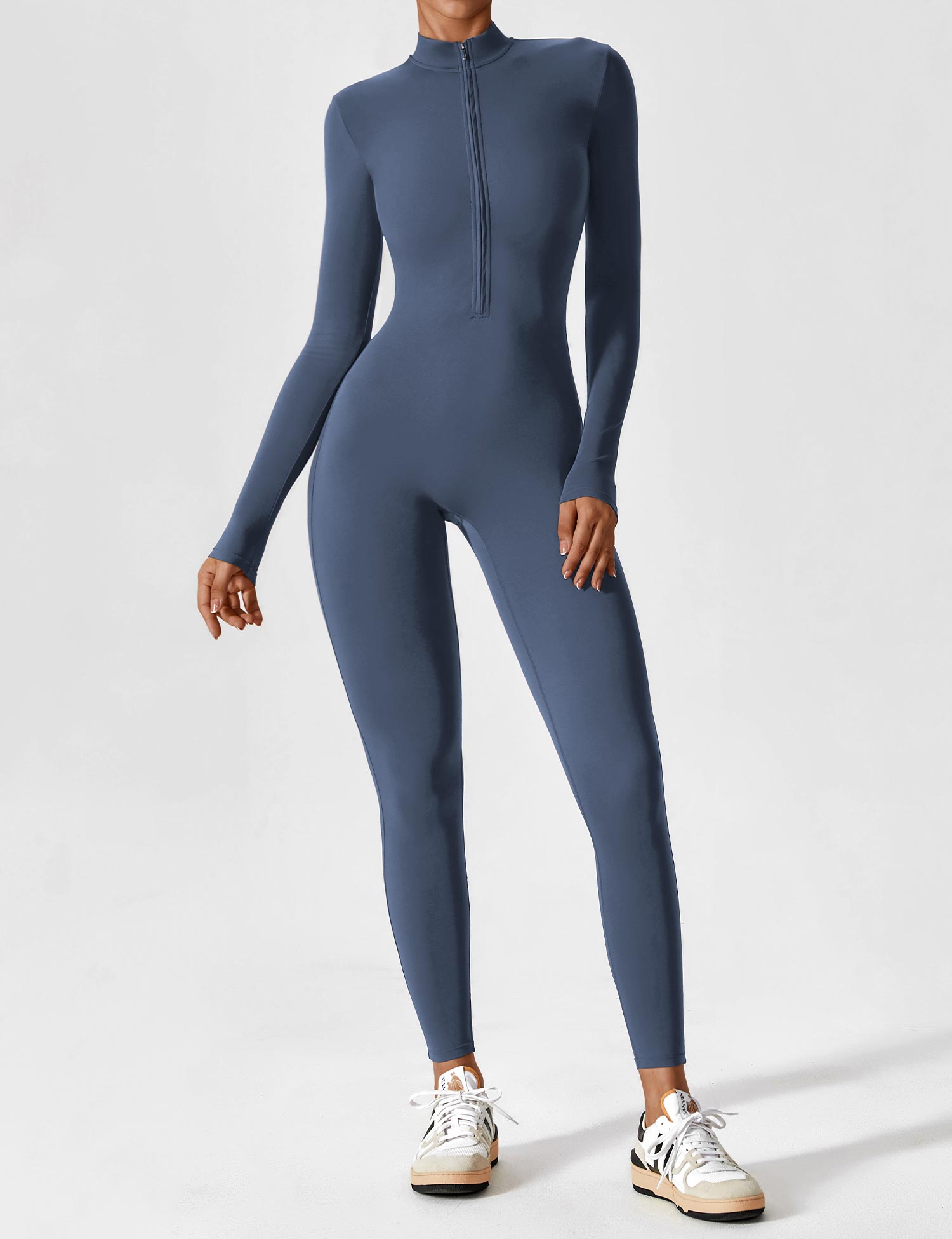 Long Sleeve Zip-Front Stretch One-Piece Sculpting Activewear Jumpsuit