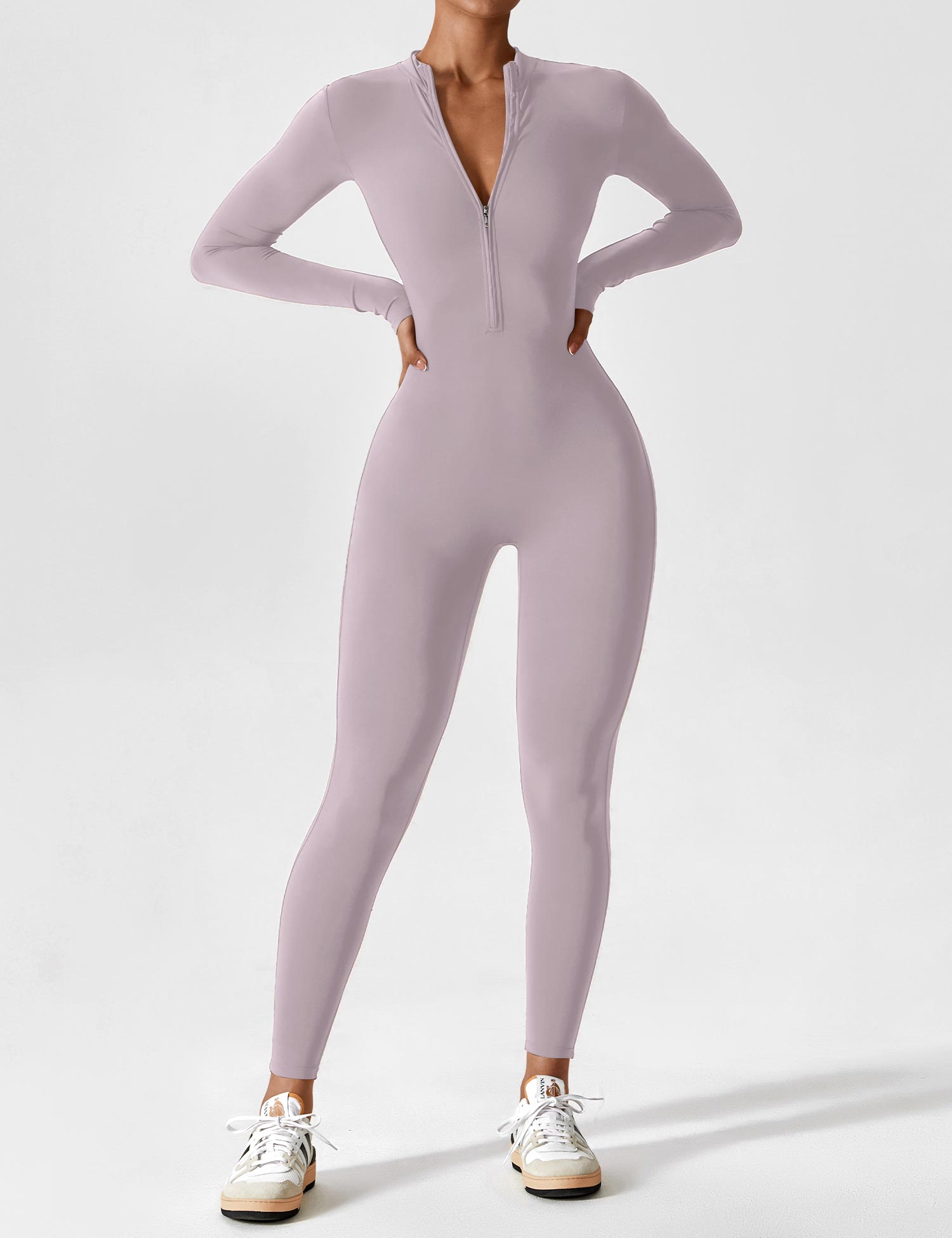Long Sleeve Zip-Front Stretch One-Piece Sculpting Activewear Jumpsuit