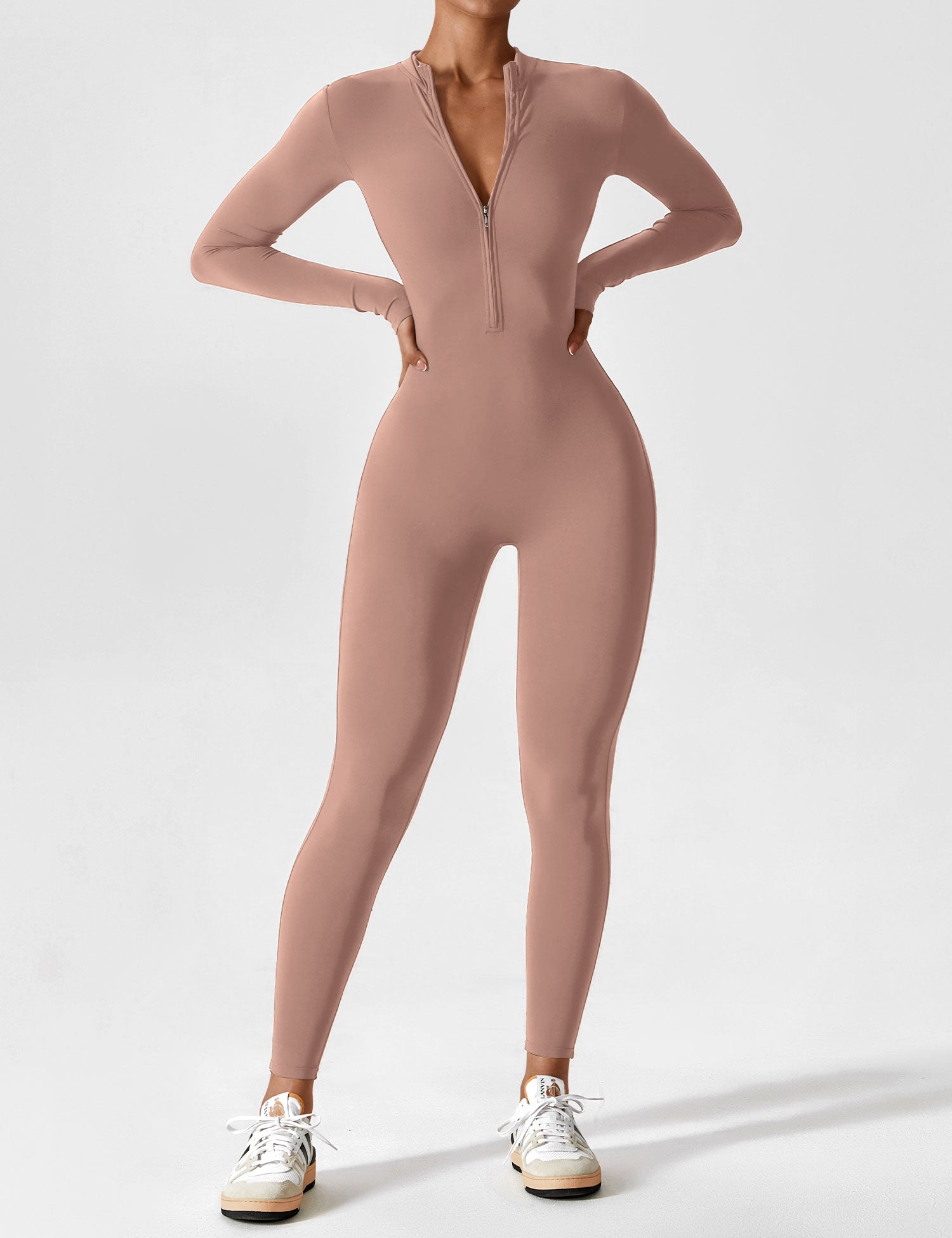 Long Sleeve Zip-Front Stretch One-Piece Sculpting Activewear Jumpsuit