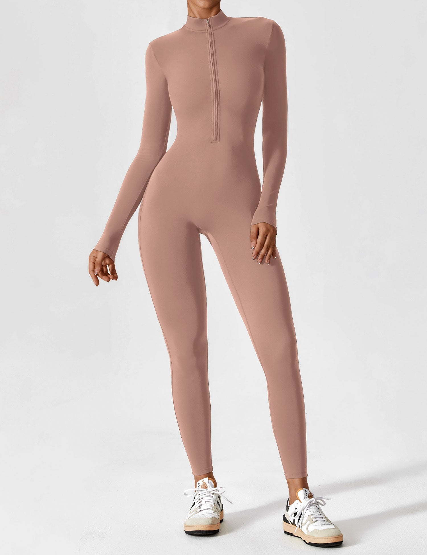 Long Sleeve Zip-Front Stretch One-Piece Sculpting Activewear Jumpsuit