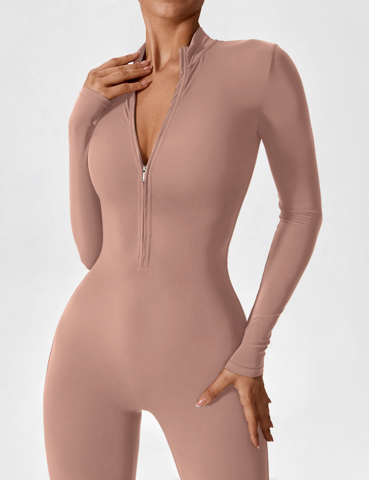 Long Sleeve Zip-Front Stretch One-Piece Sculpting Activewear Jumpsuit