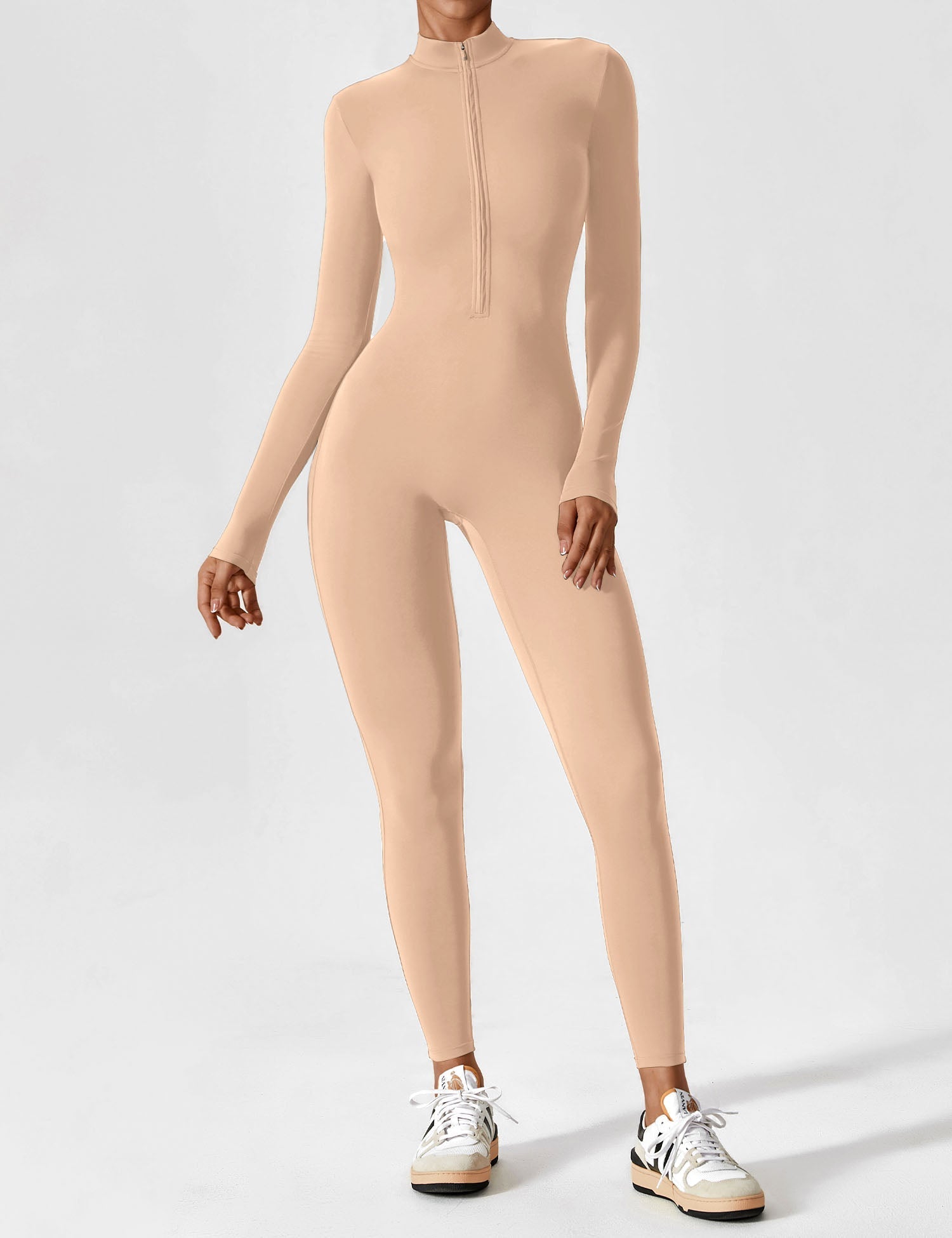 Long Sleeve Zip-Front Stretch One-Piece Sculpting Activewear Jumpsuit