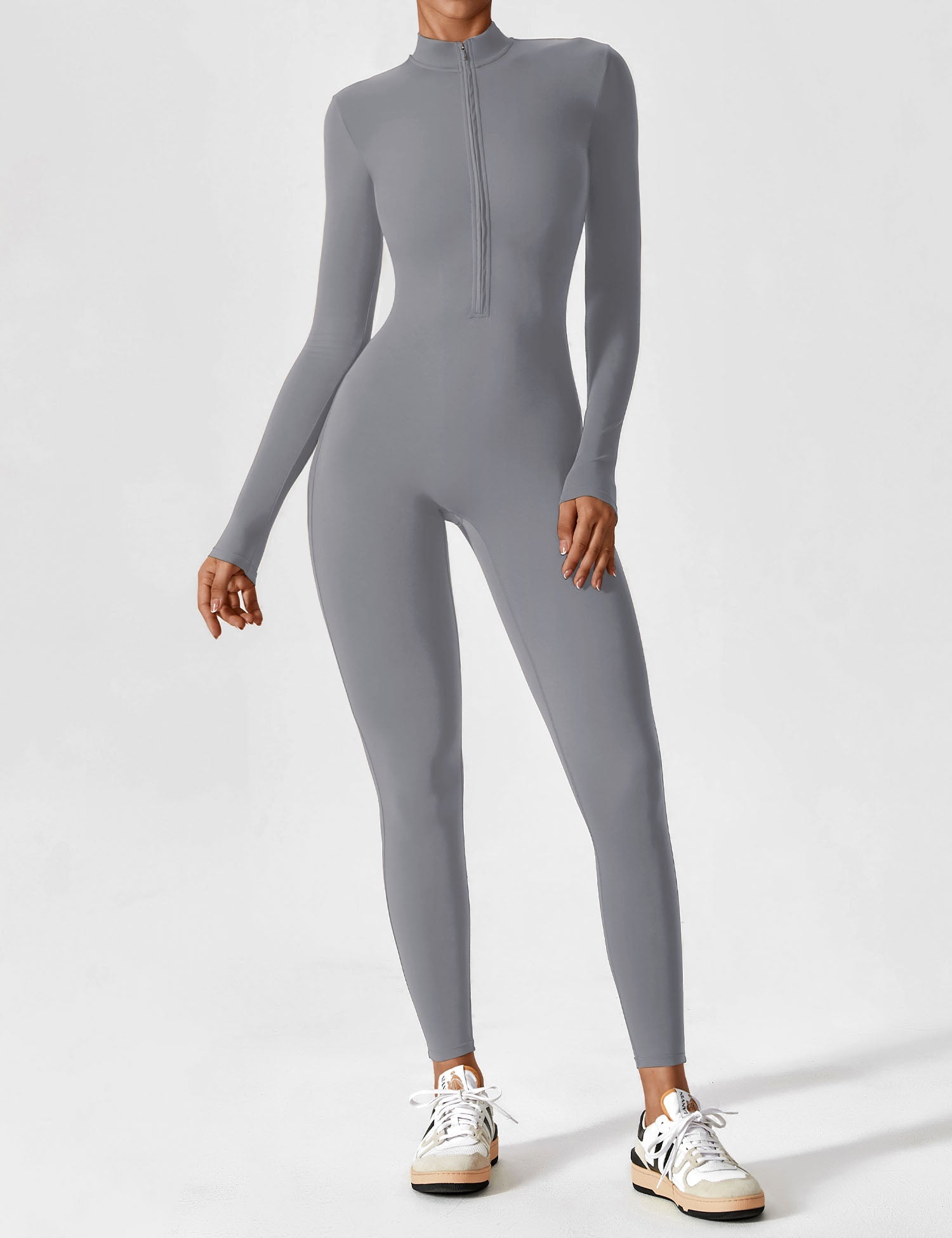 Long Sleeve Zip-Front Stretch One-Piece Sculpting Activewear Jumpsuit