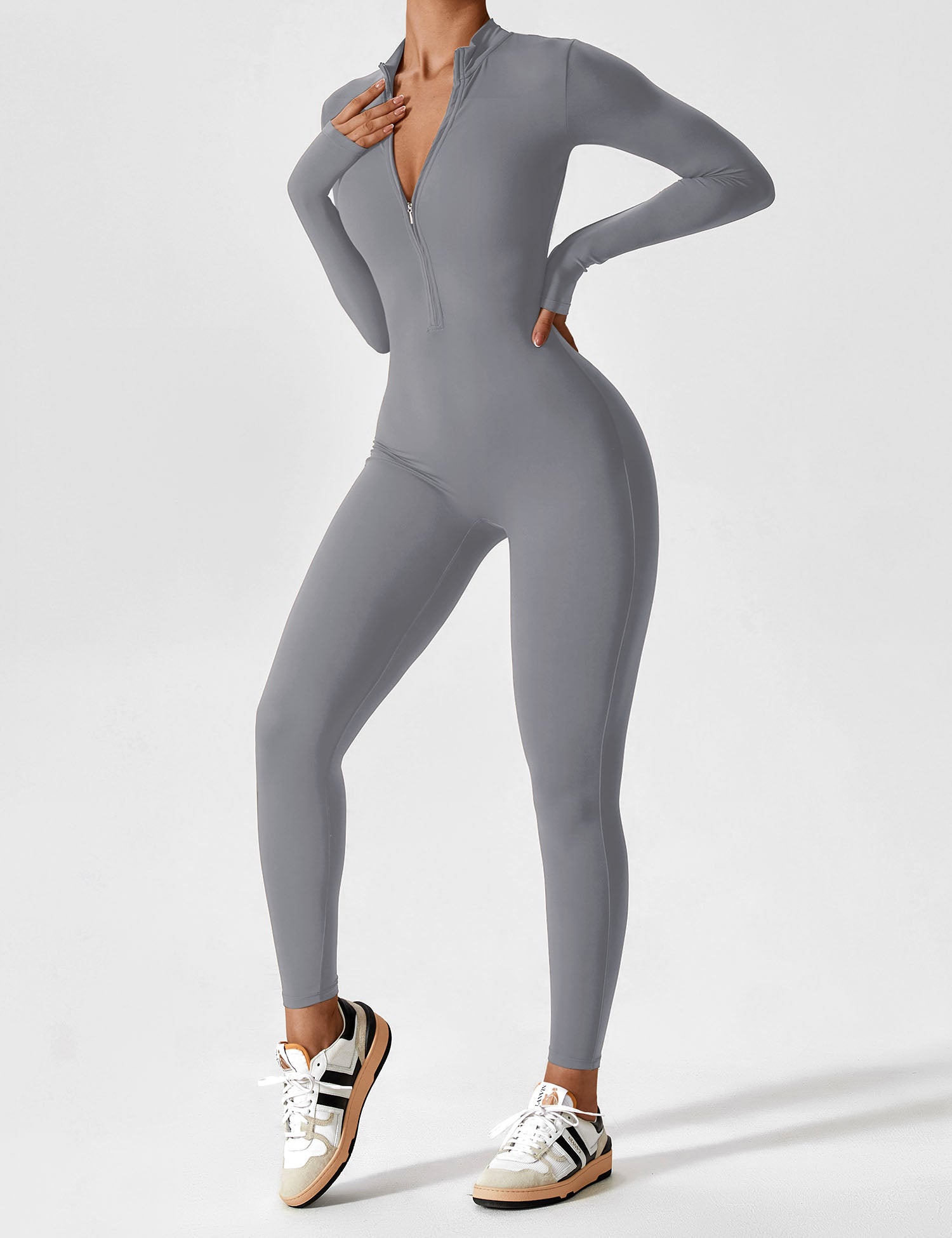 Long Sleeve Zip-Front Stretch One-Piece Sculpting Activewear Jumpsuit