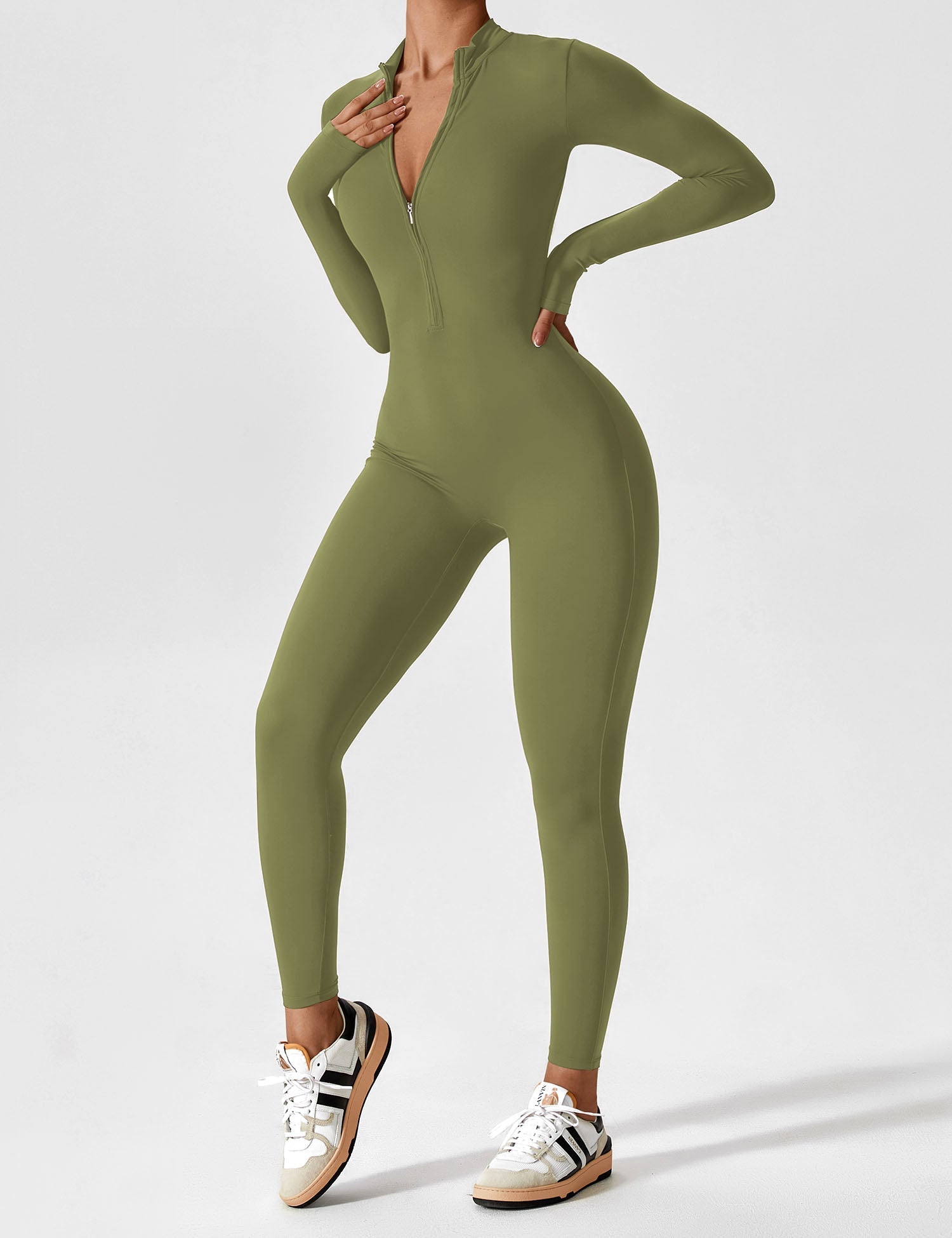 Long Sleeve Zip-Front Stretch One-Piece Sculpting Activewear Jumpsuit