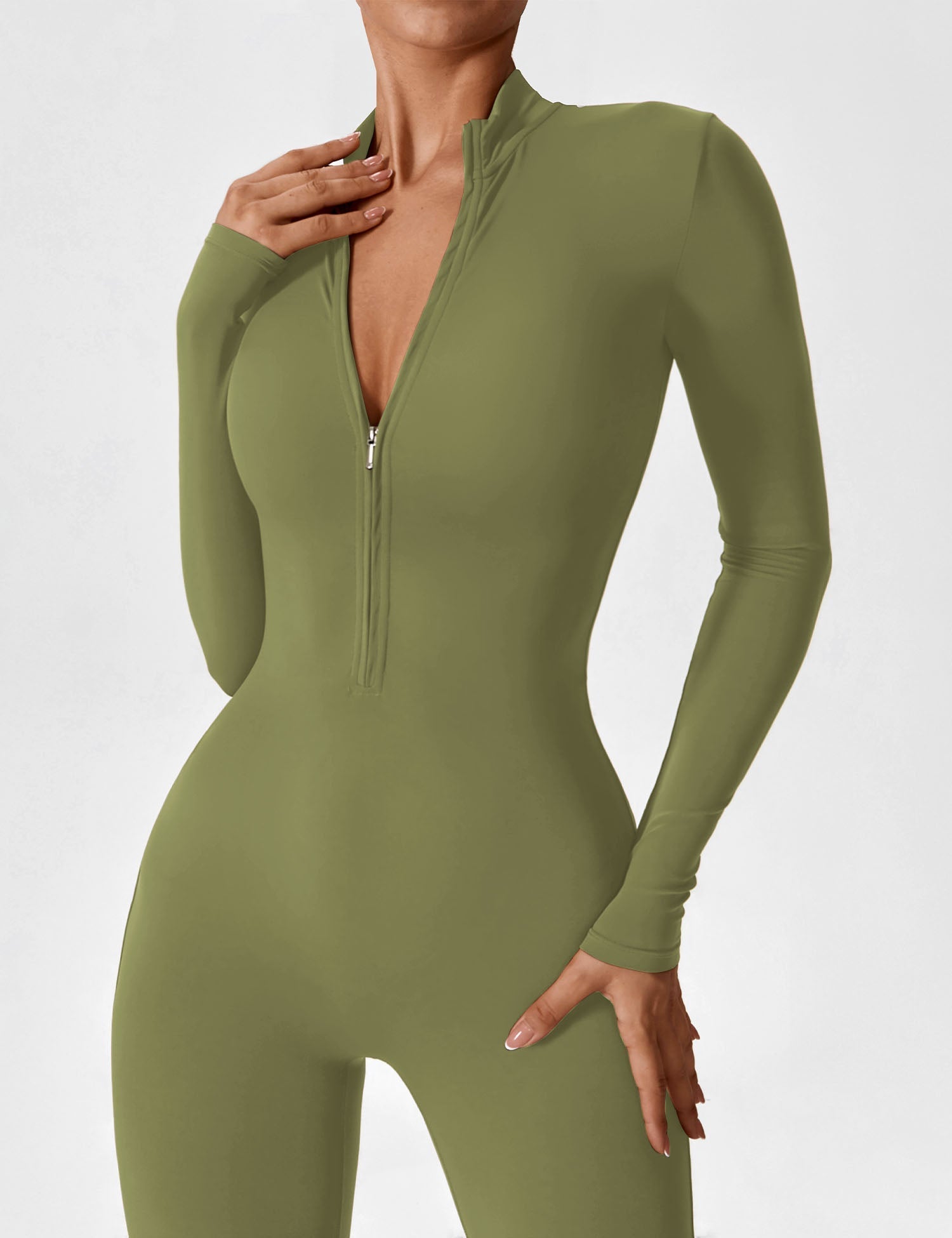 Long Sleeve Zip-Front Stretch One-Piece Sculpting Activewear Jumpsuit